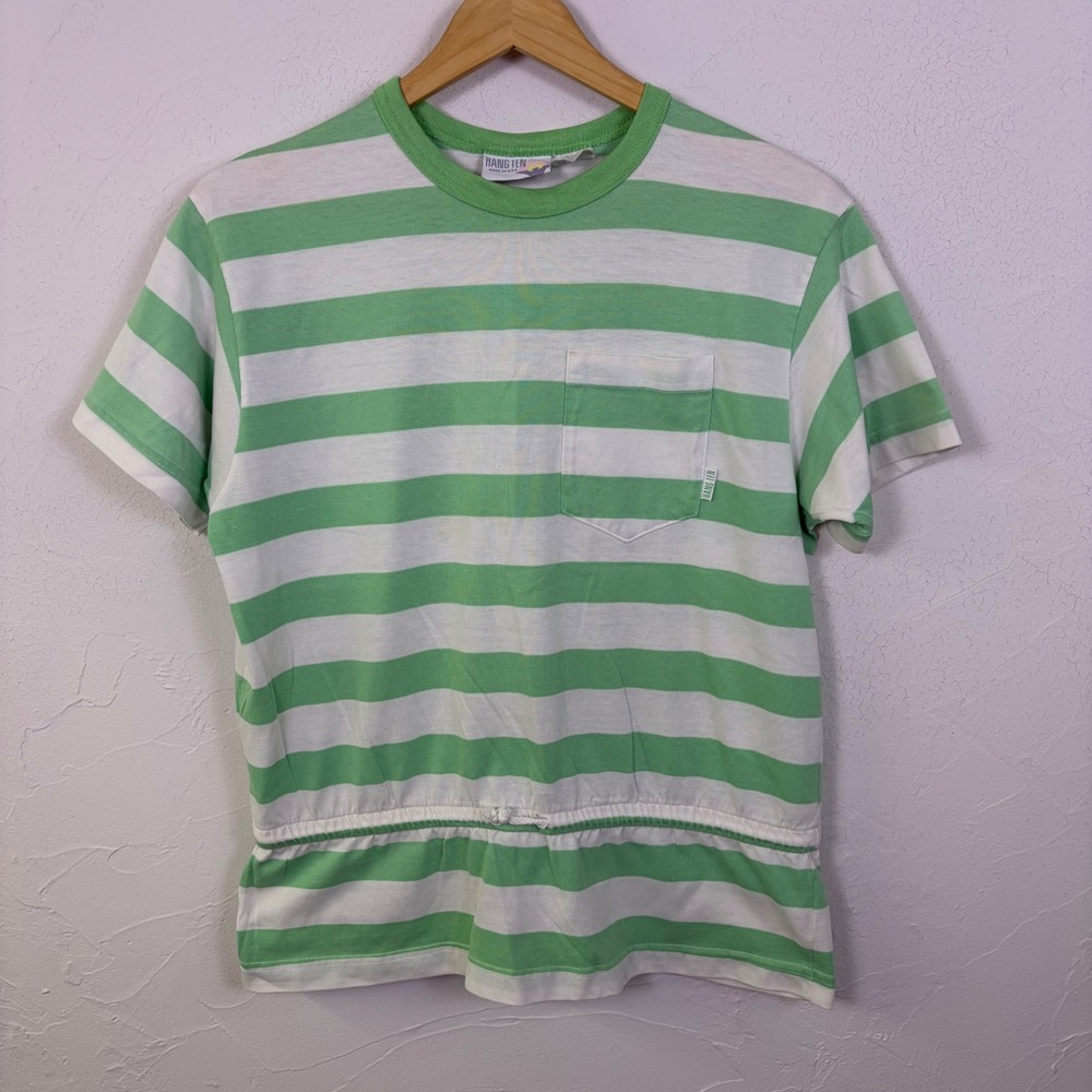 Vintage 80s Hang Ten Striped Pocket Tee Womens Large Green White Made USA Flawed